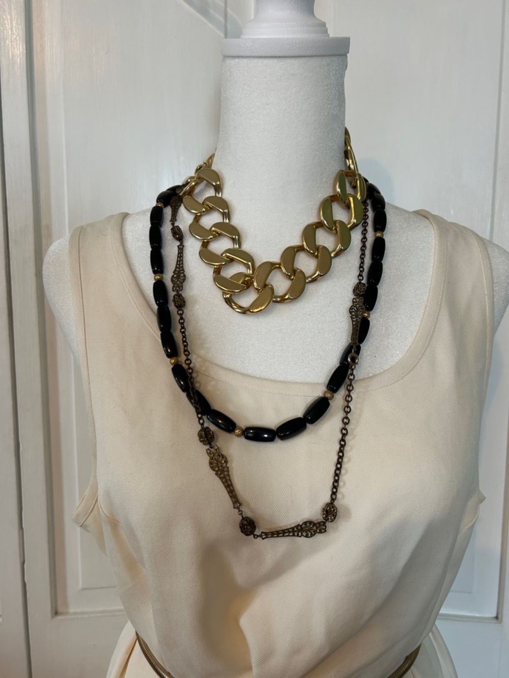 Set of 3 VIntage 80s Layered Gold Chain and Black Bead Necklace Set